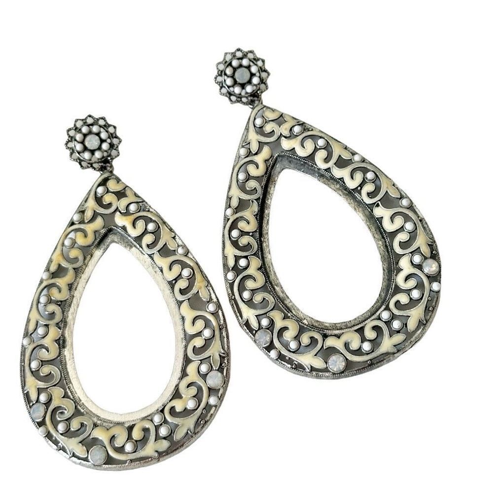 Large yellow silver tone rhinestone teardrop statement earrings
